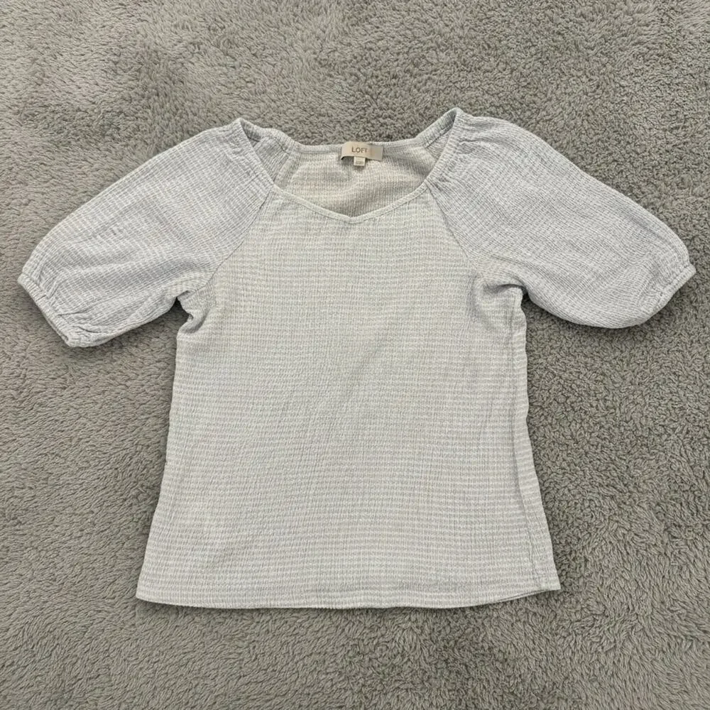 LOFT Women's Blue White Textured Puff Sleeve Top - Size S b82